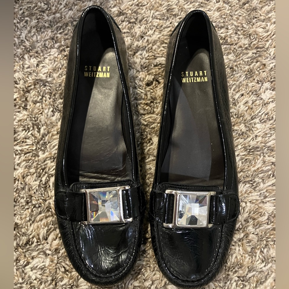 Stuart Weitzman Shiny Black Flats with Silver Accent